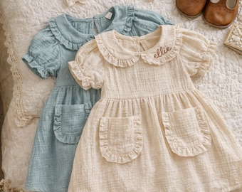 Vestido de lino y algodón bordado a mano personalizado / Vestido de niña pequeña con estilo cottagecore