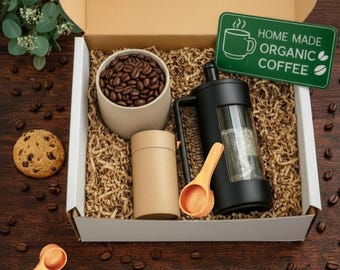Caja de regalo de café de prensa francesa: granos de café orgánico, taza y prensa francesa: el regalo perfecto para los amantes del café.