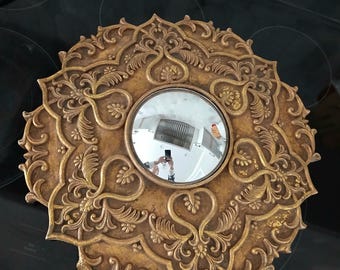 Vintage 70er Jahre goldener Sunburst Spiegel - Mid-Century Modern verschnörkeltes Wanddekor