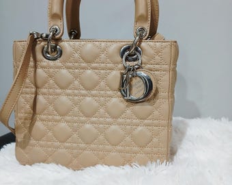 Authentic Christian Dior Tote Beige Cannage  Bag Quilted Patent Leather Lady Dior Medium 01-MA-1100