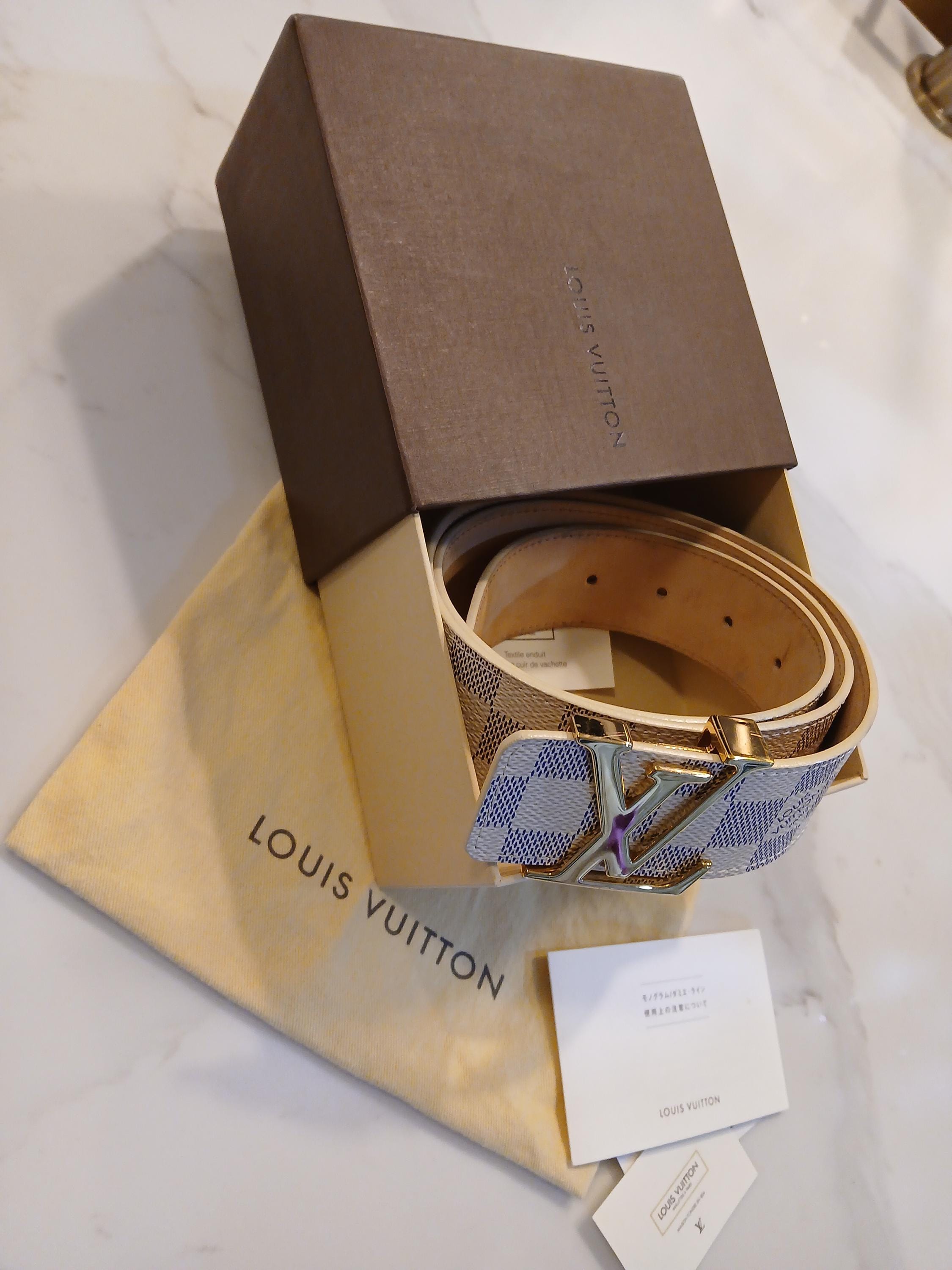 Damier Azur Belt in White/Beige with Gold Louis Vuitton Damier Azur Canvas Belt with Gold Buckle Size 85 main image 3