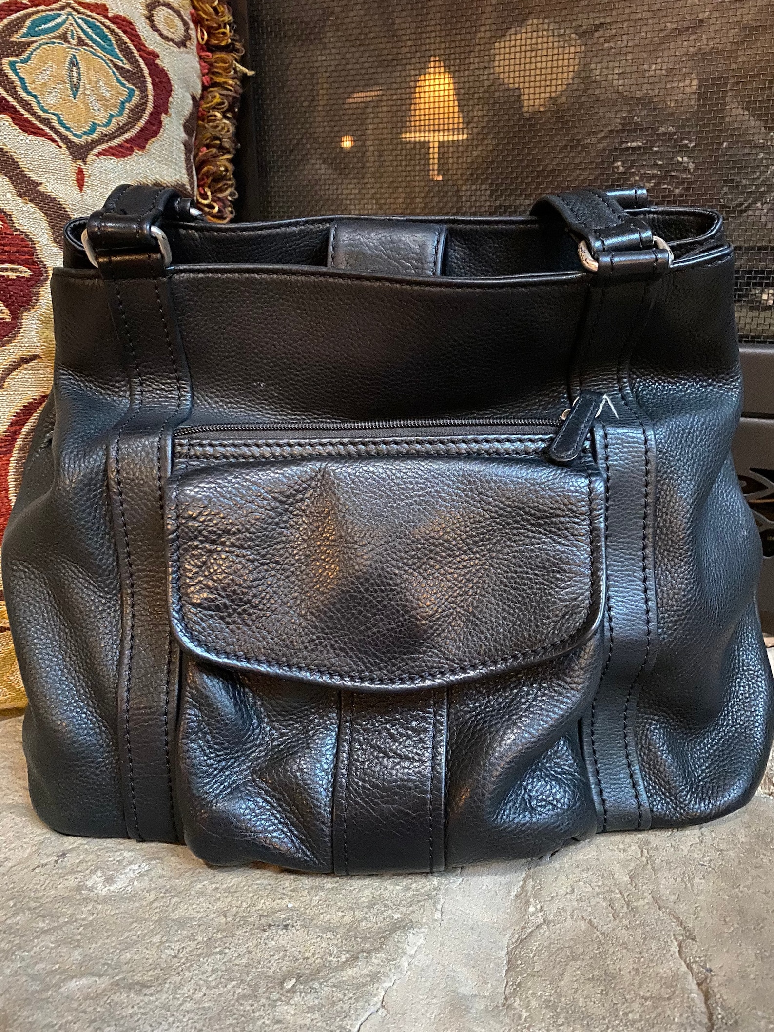 Authentic Fossil Leather Black Shoulder Bag Made In USA Etsy