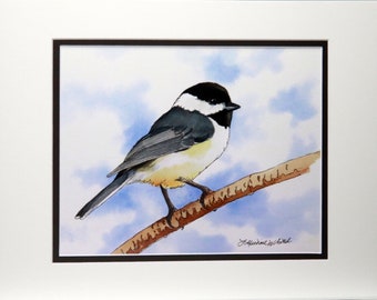 Black-capped Chickadee, print of original watercolor, matted, Colorful Prints, Wall Art Print, Frameable, gift 4 Bird Watcher, decor