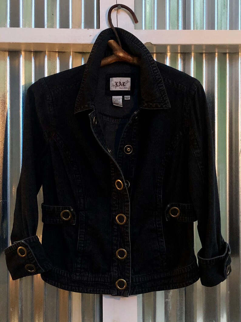 LAL Denim Darkwash Jean Jacket Women\u2019s Size Medium Petite Live A Little Blue Black Bronze oversize oval snap detailing hardware Jacket
