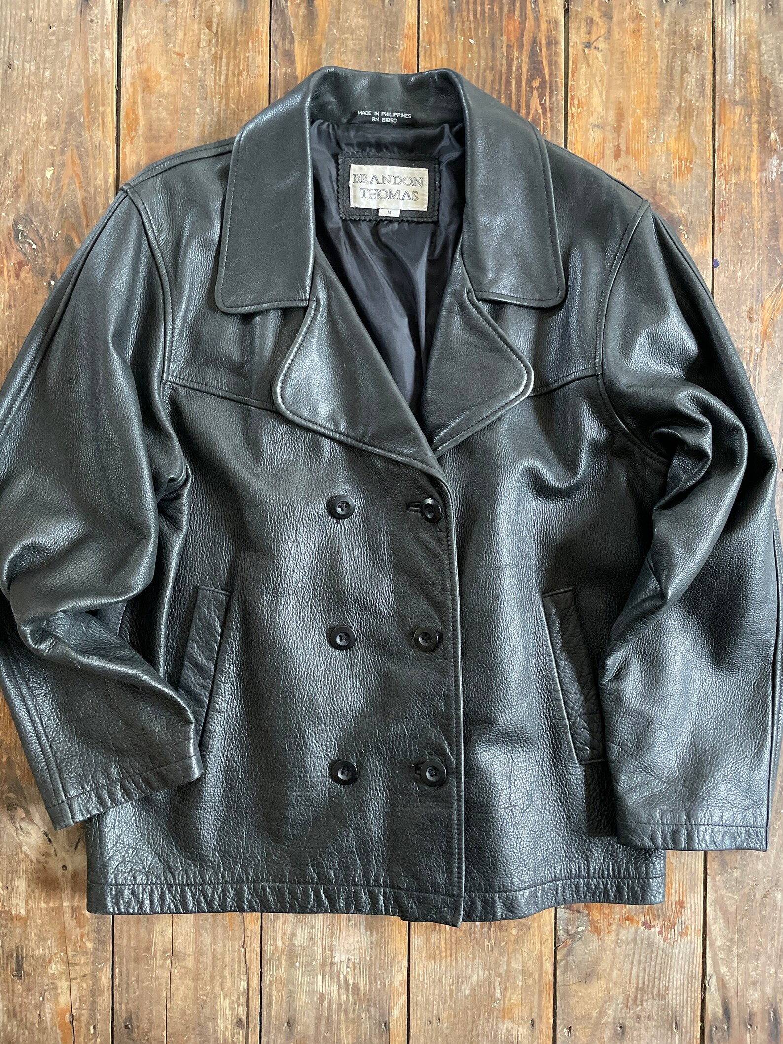 Vintage Black Leather Double Breasted Pea Coat // Women's Etsy