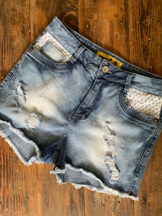 Cutoff High Rise Fringe Denim Shorts 