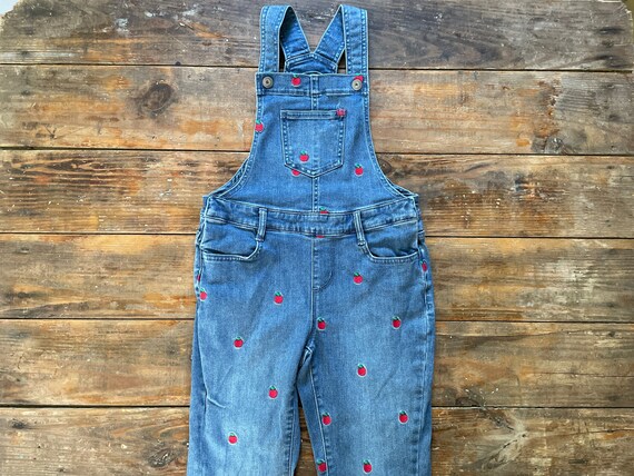 Girls Apple Embroidered Denim Bib 