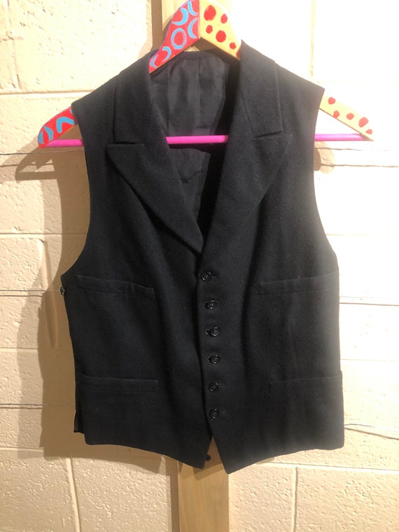 Vintage black wool and satin vest with lapels // s