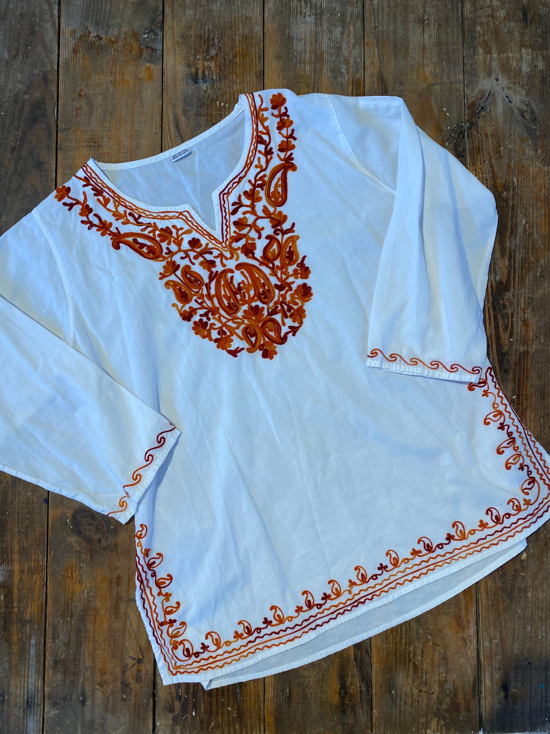 White cotton Indian peasant blouse with split front neck // Etsy