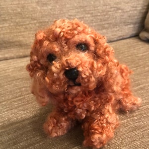 May include: A small, light brown, curly-haired dog toy made of yarn. The toy has black eyes and a black nose.