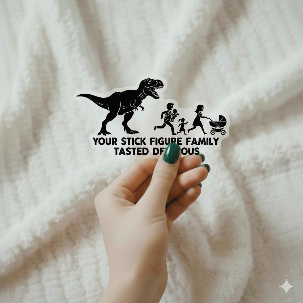 T-Rex Dinosaur Stick Family Vinyl Decal – Funny Car Window Sticker, Die-Cut, Gloss White
