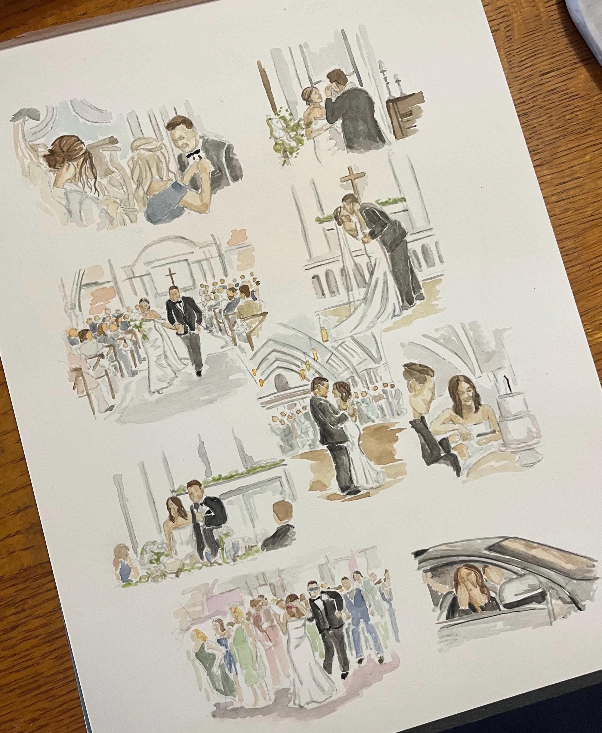 Wedding Day watercolor painting, Event Collage Custom Love Story Gift Illustration,Anniversary Gift Story,Our Love Story Painting