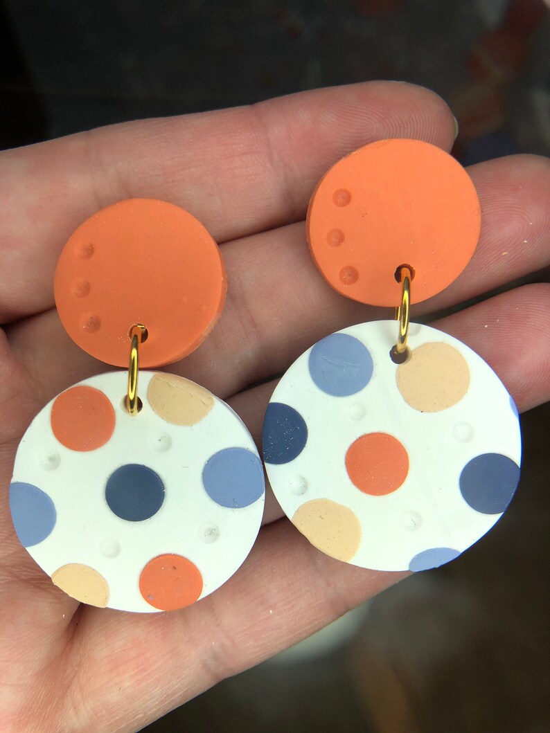 Handmade Earrings Lightweight Earrings Orange /& White Dot Clay Earrings Clay Earrings Statement Earrings Dangle Earrings
