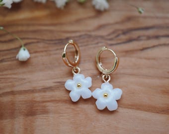 Flower Charm Hoop Earrings | Gold Plated Huggies, Polymer Clay