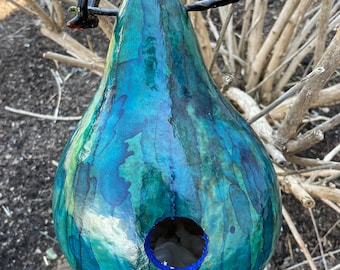 Handmade Gourd Birdhouse Crystal Blue Persuasion