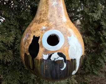 Hand Painted Gourd Birdhouse Twinkle Moon and Cats