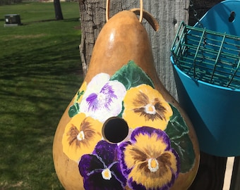 Hand Painted Gourd Birdhouse Spring Pansies