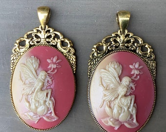 Fairy and Thistle Cameo Necklace beautiful cream and rose color vintage gold setting FREE SHIPPING RTS