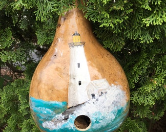 Hand Painted Gourd Birdhouse Lighthouse with Crashing Waves