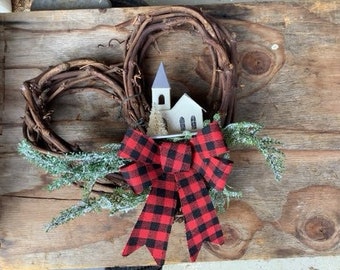 Christmas Grapevine Heart Wreath with Buffalo Plaid Ribbon and Putz house