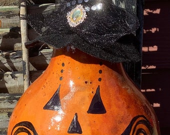 Gourd Halloween Jack O Lantern With Black Witch Hat and Crystal