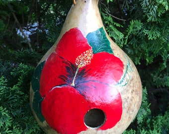 Hand Painted Gourd Birdhouse Red Hibiscus Flower