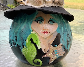 Halloween Gourd Witch Stella Sea Hag Witch Hand Painted and Decorated