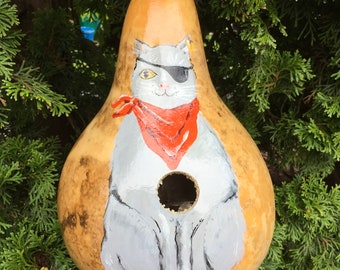 Cat Hand Painted Large Martin Gourd Birdhouse Greybeard