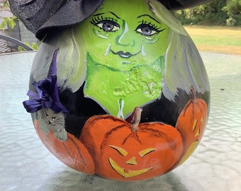 Halloween Gourd Witch Emilee Pumpkin Witch Hand Painted and Decorated