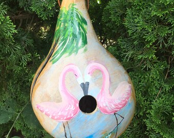 Hand Painted Gourd Birdhouse Flamingos in a Heart