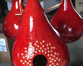 Chip Carved Red Sun Gourd Birdhouse READY TO SHIP