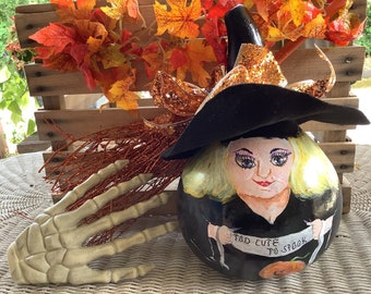 Halloween Gourd Witch Delaney Too Cute To Spook Witch Hand Painted and Decorated Ready To Ship
