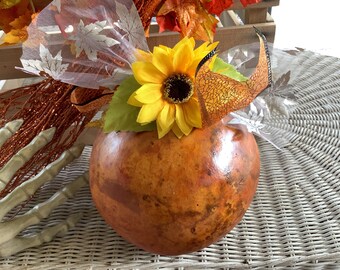 Gourd Fall Hand Stained and Decorated with Ribbons and Sunflowers