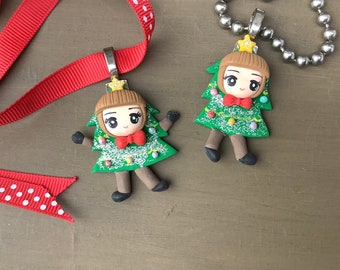 Hand sculpted Clay Necklace Christmas Tree Girl Pendant FREE SHIPPING