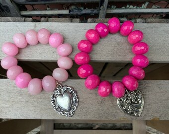 Pink Beaded Charm Bracelet Vintage Style Hearts 2 styles FREE SHIPPING