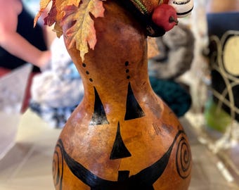 Jack O Lantern Gourd Sitter OOAK! Big Gourd Handpainted and Crafted.