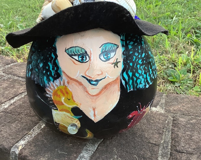 Featured listing image: Halloween Gourd Witch Marilyn the Seahag Witch Hand Painted and Decorated