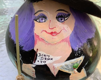 Halloween Gourd Witch Susie the Tipsy Witch with a Martini Hand Painted and Decorated