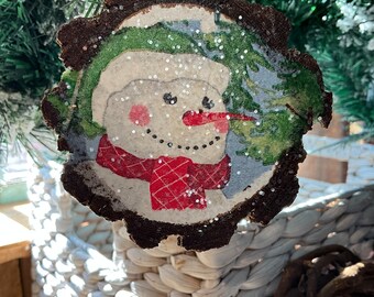Christmas Wooden Slice Rustic Ornament Snowman