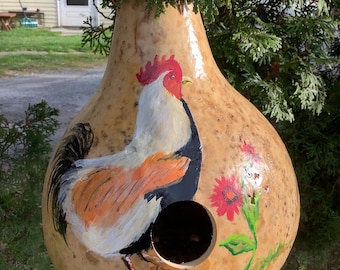 Hand Painted Gourd Birdhouse Cock A Doodle Do Rooster