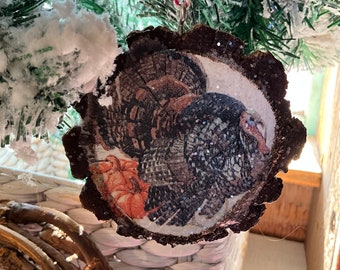Christmas Wooden Slice Rustic Ornament Vintage Turkey