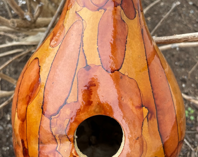 Featured listing image: Handmade Gourd Birdhouse Golden Sunshine Yellows and Browns