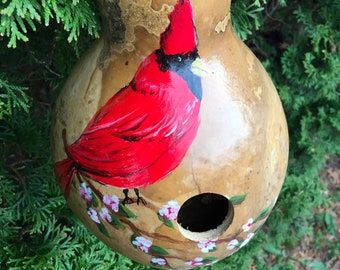 Hand Painted Gourd Birdhouse Red Cardinal