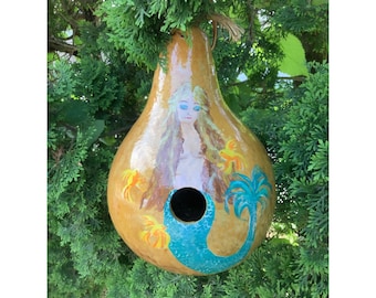 Mermaid Gourd Birdhouse Hand Painted Sea Inspired