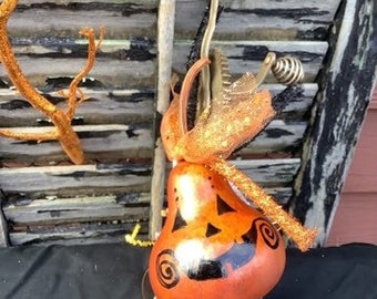 Halloween Gourd Jack O Lantern on a Vintage egg beater With Metal Handle Hand Painted great for a Decorated Tiered Tray