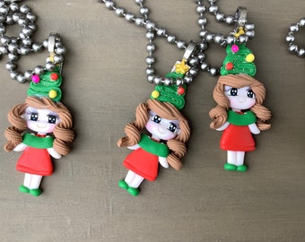Hand sculpted Clay Necklace Christmas Girl with Tree Pendant FREE SHIPPING