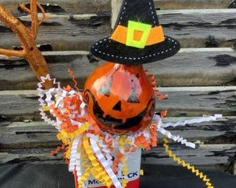 Halloween Gourd Jack O Lantern on a Vintage Cloves Tall Tin Hand Painted great for a Decorated Tiered Tray Yellow Hat