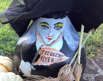 Halloween Gourd Witch Wendy The Frequent Flyer Witch Hand Painted and Decorated