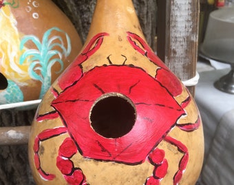 Hand Painted Gourd Birdhouse Red Crab