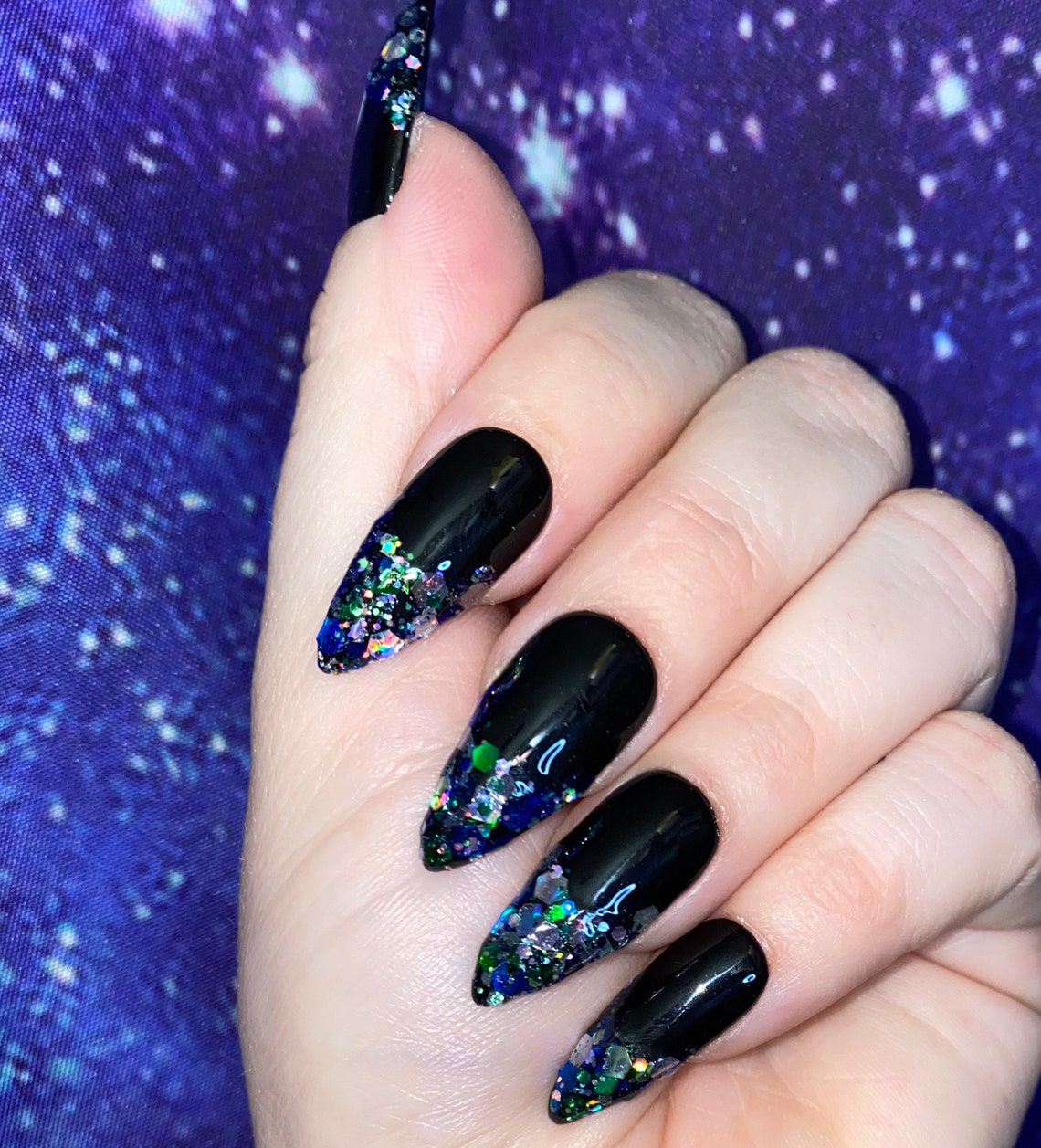 Black nails with glitter French tip design Colors are | Etsy